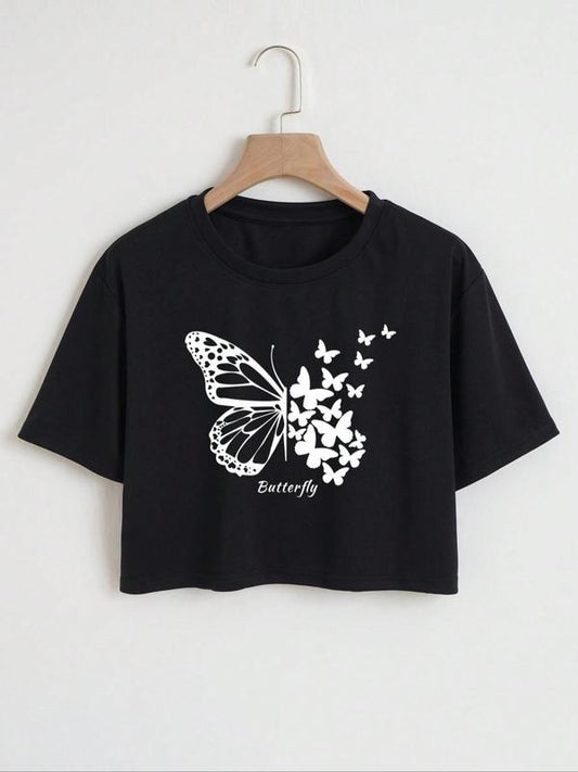 Women's Essnce Butterfly Print Round Neck Crop Tee, Casual Short Sleeve Crew Neck T-shirt for Summer, Fashion Women's Top...