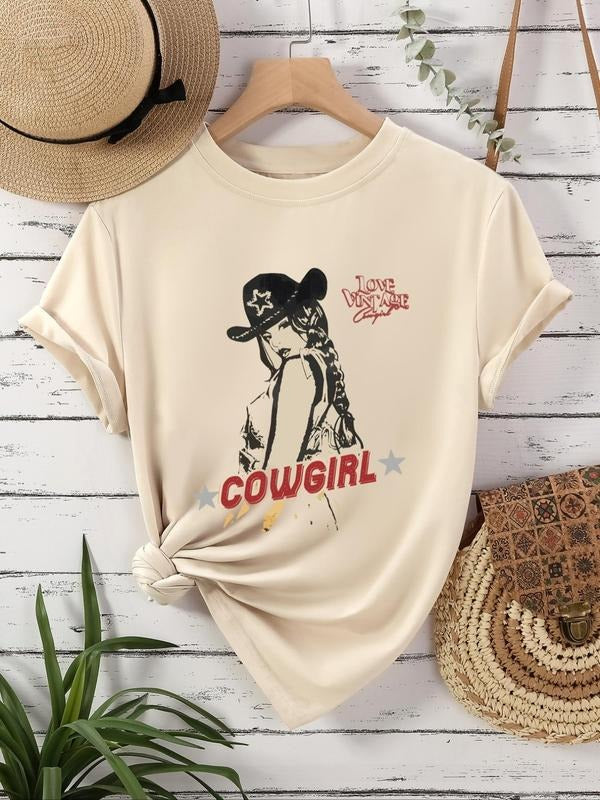 Women's Figure & Letter Print Round Neck Graphic Tee, Vintage Trendy Casual Short Sleeve T-shirt For Daily Wear, Ladies All Seasons Outfit