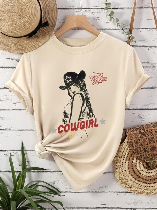 Women's Figure & Letter Print Round Neck Graphic Tee, Vintage Trendy Casual Short Sleeve T-shirt For Daily Wear, Ladies All Seasons Outfit