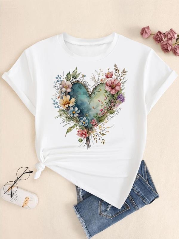 Women's Floral & Heart Print Round Neck Tee, Fashion Casual Short Sleeve T-shirt, Ladies Summer Clothes for Daily Wear...