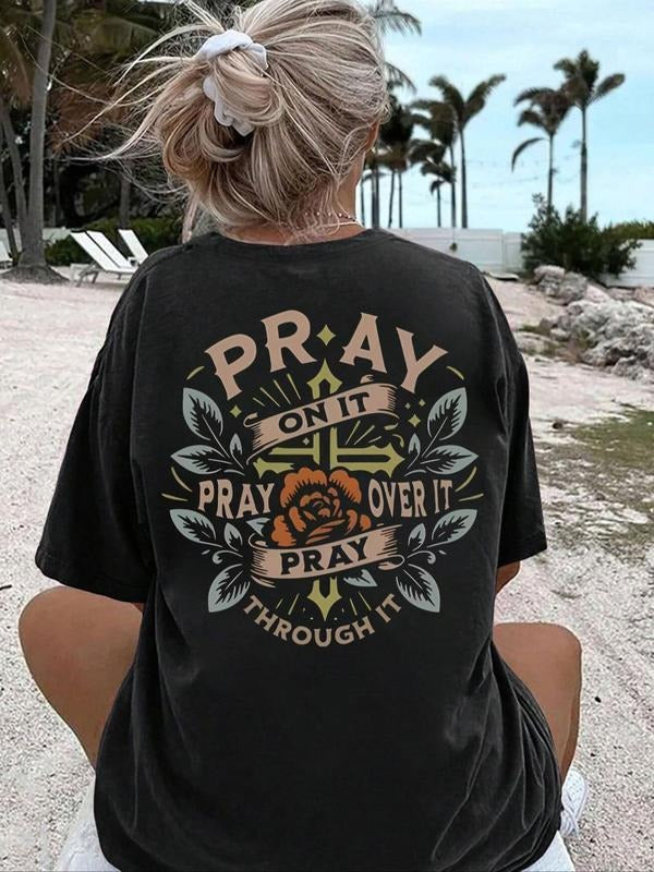 Women's Floral & Letter Print Drop Shoulder Tee, Casual Half Sleeve Round Neck T-shirt Hoodie, Sweatshirt