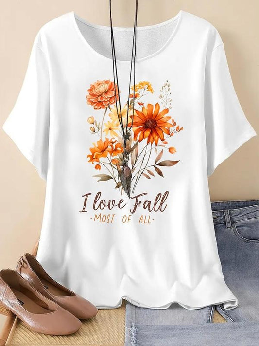 Women's Floral & Letter Print Round Neck Graphic Tee, Vintage Trendy Casual Drop Shoulder Half Sleeve T-shirt For Daily Wear, Ladies Summer Outfit