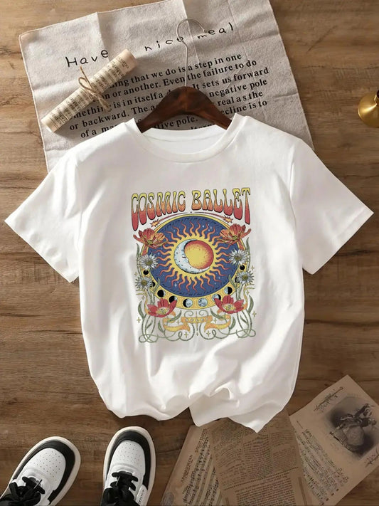 Women's Floral & Letter Print Round Neck Graphic Tee, Vintage Trendy Casual Short Sleeve T-shirt for Daily Wear, Ladies All Seasons Outfit