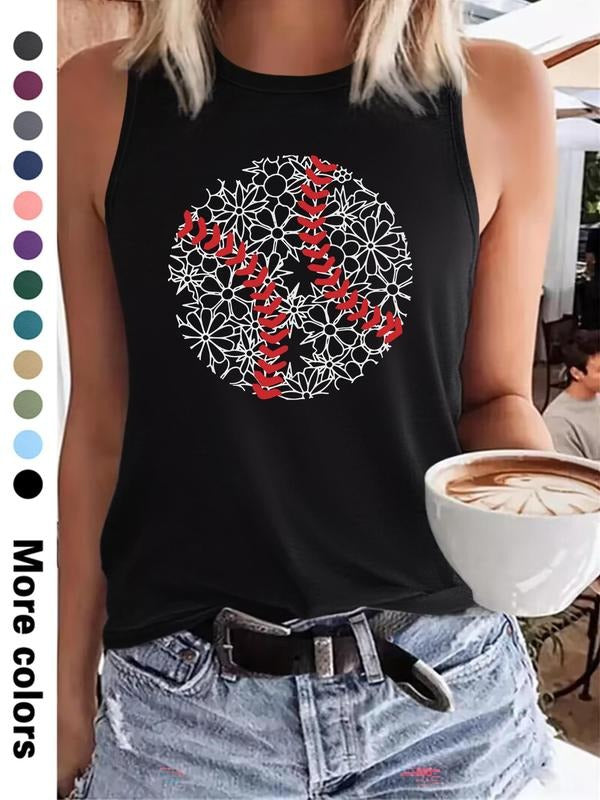 Women's Floral & Letter Print Round Neck Tank Top, Casual Sleeveless Crew Neck Top for Summer, Ladies Clothes for Daily...