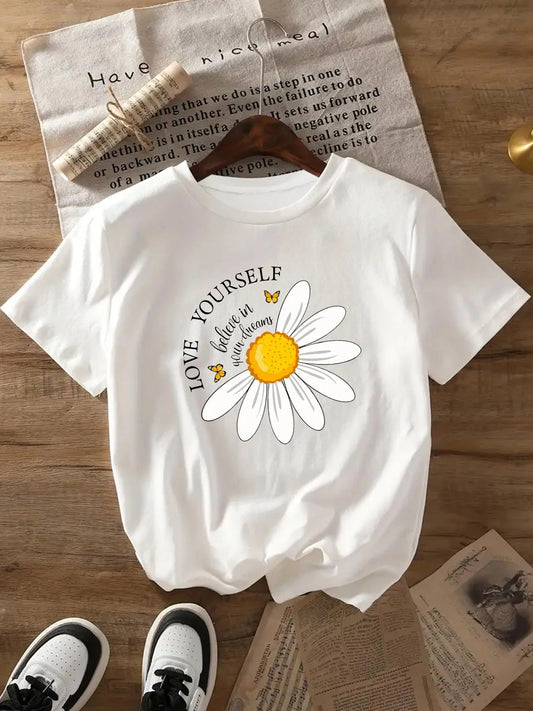 Women's Floral & Letter Print Round Neck Tee, Casual Short Sleeve Crew Neck T-Shirt for Daily Wear, Ladies Clothes for...