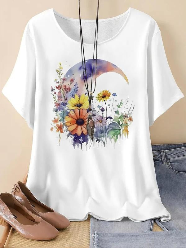 Women's Floral & Moon Print Round Neck Tee, Casual Short Sleeve T-shirt for Summer, Ladies Clothes for Daily Wear Hoodie,...