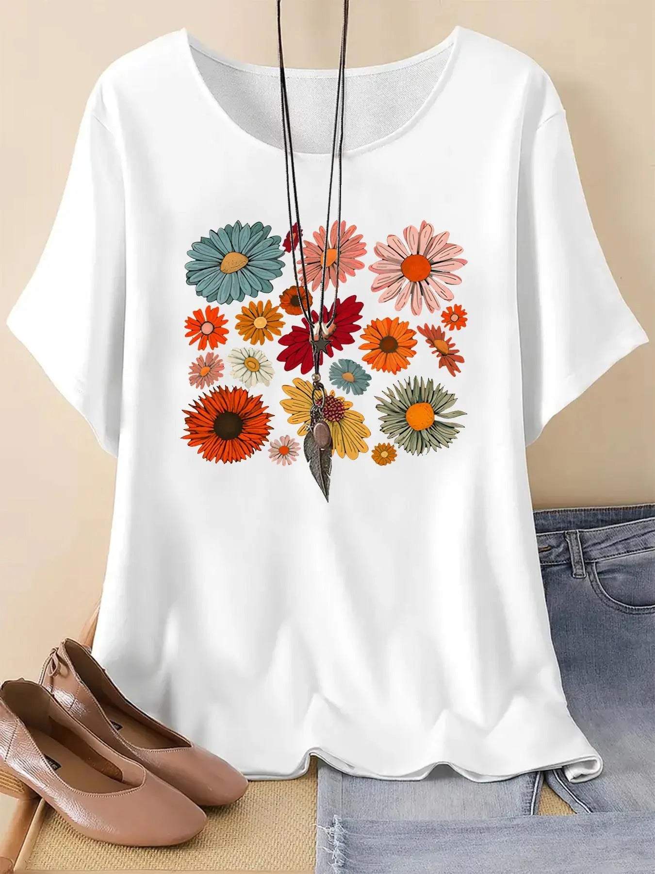 Women's Floral Print Round Neck Graphic Tee, Vintage Trendy Casual Drop Shoulder Half Sleeve T-shirt For Daily Wear, Ladies Summer Outfit