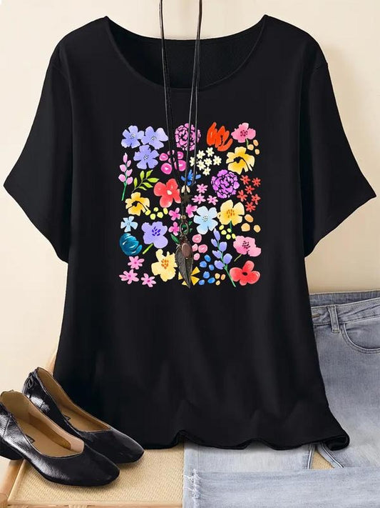 Women's Floral Print Round Neck Graphic Tee, Vintage Trendy Casual Short Sleeve T-shirt For Daily Wear, Ladies Summer Outfitstyle{n002}2