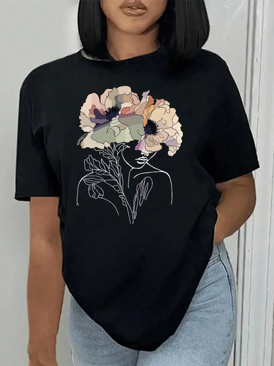 Women's Floral Print Round Neck Tee, Vintage Trendy Short Sleeve T-shirt for Daily Wear, Ladies Summer Outfit 2024...