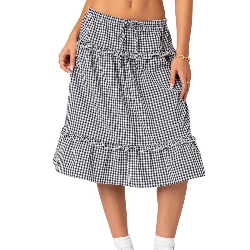 Women's Flowy Midi Skirts Elegant High Waist Plaid Print A-Line Skirts Frill Trim Loose Skirts Womenswear Bottom...