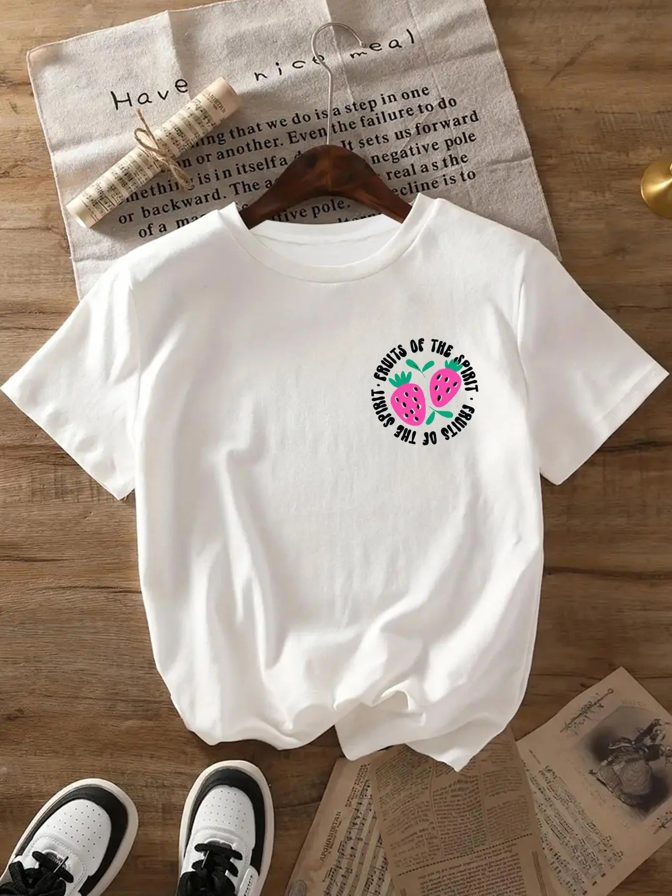 Women's Fruits & Letter Print Round Neck Tee, Trendy Short Sleeve Crew Neck T-Shirt for Daily Wear, Ladies Clothes for...