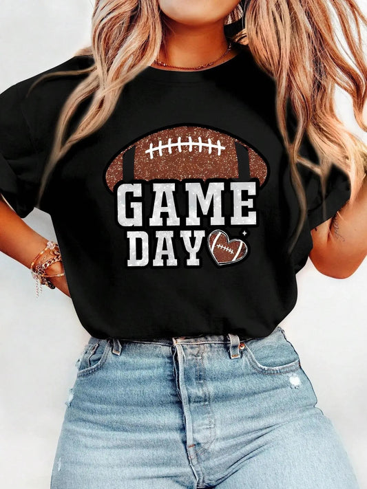 Women's Game Day Letter & Football Print Round Neck Graphic Tee, Vintage Trendy Casual Drop Shoulder Short Sleeve T-shirt for Daily Wear, Ladies Summer Outfit