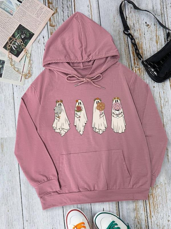 Women's Ghost Print Drop Shoulder Drawstring Hoodie, Fashion Casual Pocket Hooded Sweatshirt for Daily Holiday Outdoor...
