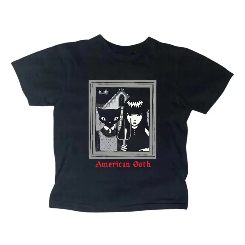 Women's Gothic Emo Girl Strange Cat Baby Tee, Y2K Summer Top, Casual Cotton Short Sleeve Fitted T-Shirt