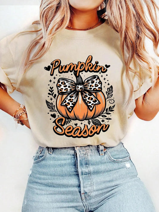 Women's Halloween Pumpkin & Letter Print  Drop Shoulder Tee, Fashion Casual Crew Neck T-shirt for Daily Holiday Vacation...