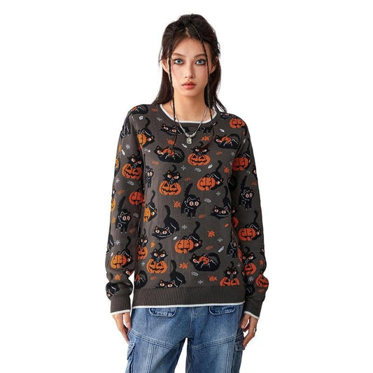 Women's Halloween Sweaters Cute Cartoon Print Long Sleeve Round Neck Pullover Casual Knit Tops Womenswear Comfy T-Shirts,...
