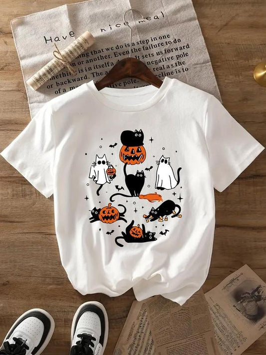 Women's Halloween Themed Ghost & Pumpkin Print Short Sleeve Tee, Casual Round Neck T-shirt for Daily Wear, Ladies Clothes...