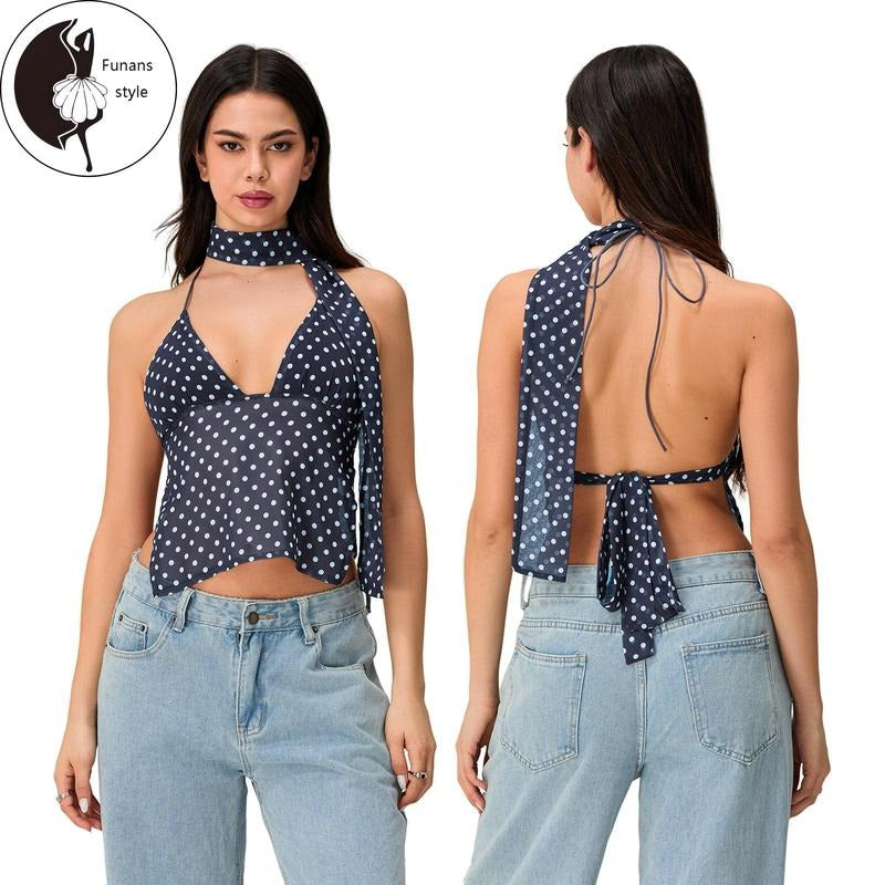 Women's Halter Neck Tops Sleeveless Tie Backless Dots PrintFit Cami Tops Summer Shirts Hoodie, Sweatshirt