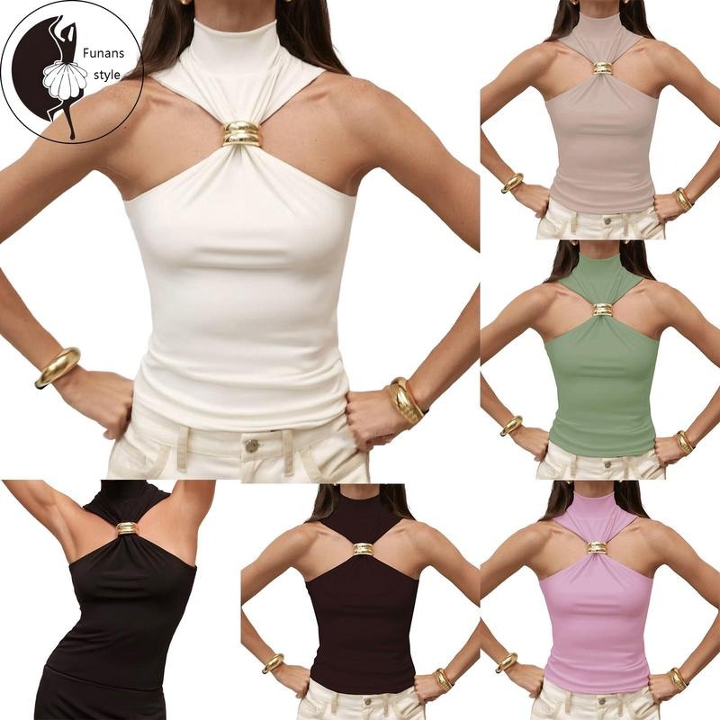 Women's Halter Tops Stylish Ring DesignFit Bare Shoulder Sleeveless Vest for Summer T-Shirts, Hoodie, Sweatshirt