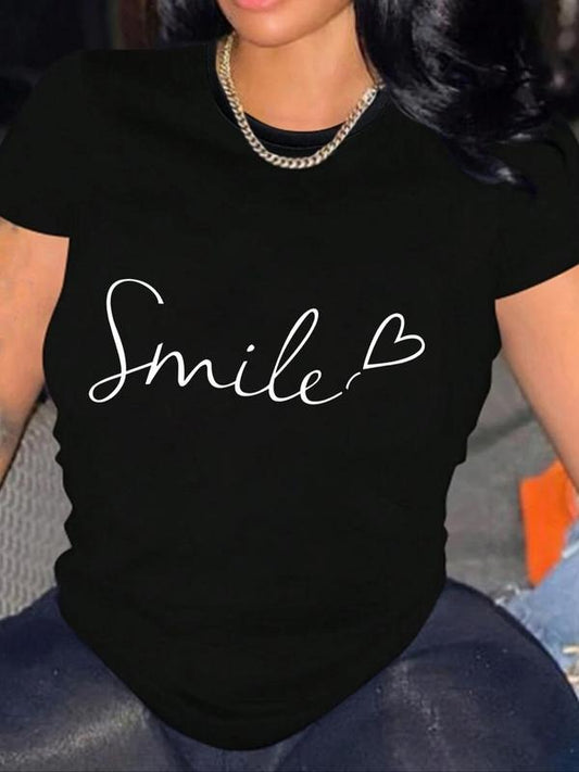 Women's Heart & Letter Print Round Neck Tee, Casual Crew Neck Short Sleeve T-Shirt for Summer, Ladies Clothes for Daily...