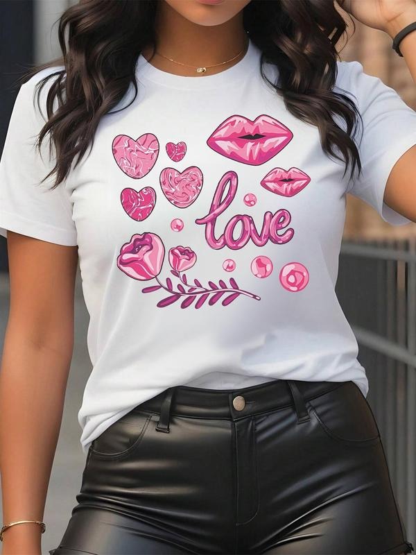 Women's Heart & Lip Print Round Neck Tee, Fashion Casual Letter Graphic Short Sleeve T-shirt, Ladies Clothes for Summer