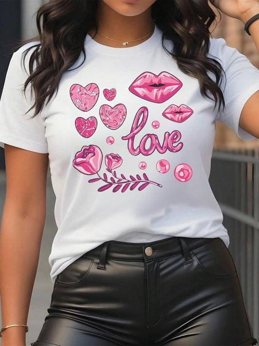 Women's Heart & Lip Print Round Neck Tee, Fashion Casual Letter Graphic Short Sleeve T-shirt, Ladies Clothes for Summer