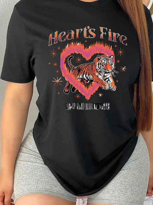 Women's Heart & Tiger Print Round Neck Tee, Fashion Casual Letter Graphic Short Sleeve T-shirt for Daily Wear, Ladies Clothes for All Seasons