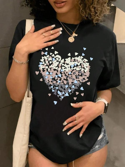 Women's Heart Print Round Neck Tee, Casual Short Sleeve Crew Neck T-Shirt for Daily Wear, Ladies Clothes for All...