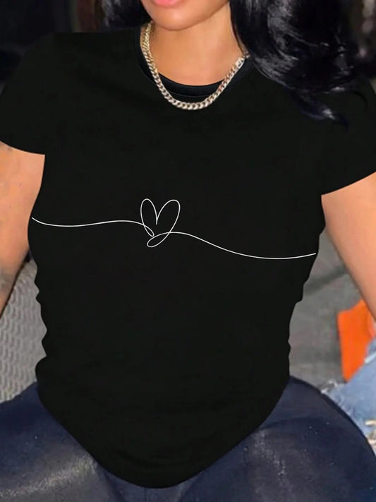 Women's Heart Print Round Neck Tee, Casual Short Sleeve T-Shirt for Daily Wear, Ladies Clothes for All Seasons Hoodie,...