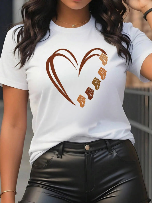 Women's Heart Print Round Neck Tee, Fashion Casual Crew Neck Short Sleeve T-shirt for Daily Holiday Vacation Outdoor...