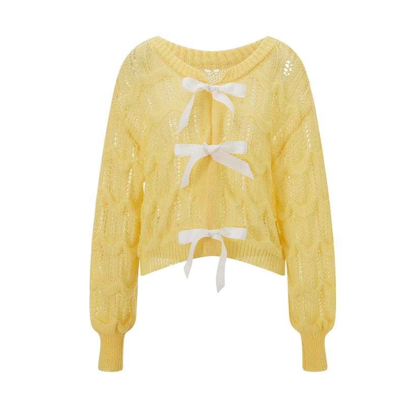Women's Hollow Out Sweater Elegant Long Sleeve Round Neck Back Bow Knit Pullover Tops T-Shirts, Hoodie, Sweatshirt