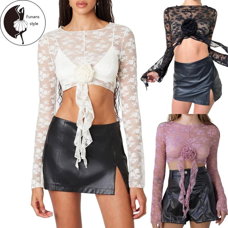 Women's Lace Crop TopsSee Through 3D Rose Lace Flower Embroidery Showing Navel Long Sleeve Shirts for Party Club Hoodie,...