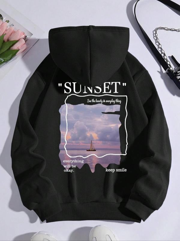 Women's Landscape Print Drop Shoulder Hoodie, Casual Pocket Drawstring Hooded Pullover, Casual Long-Sleeve Top For Spring...