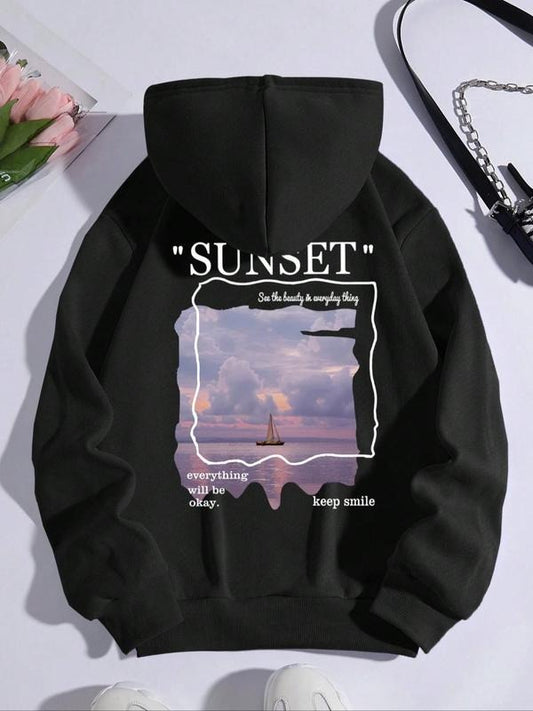 Women's Landscape Print Drop Shoulder Hoodie, Casual Pocket Drawstring Hooded Pullover, Casual Long-Sleeve Top For Spring...