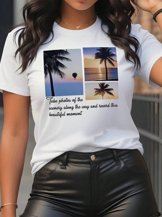 Women's Landscape Print Round Neck Graphic Tee, Vintage Trendy Casual Short Sleeve T-shirt For Daily Wear, Ladies Summer Outfit