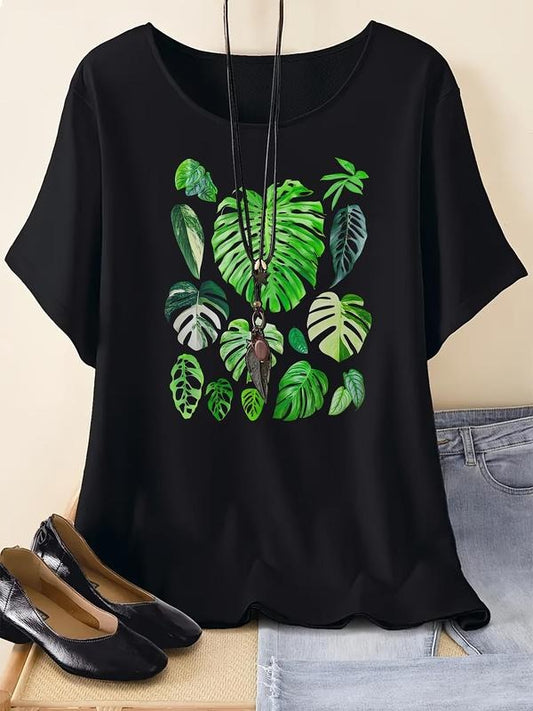 Women's Leaf Print Round Neck Tee, Casual Short Sleeve T-shirt for Summer, Ladies Clothes for Daily Wear Hoodie, Sweatshirt