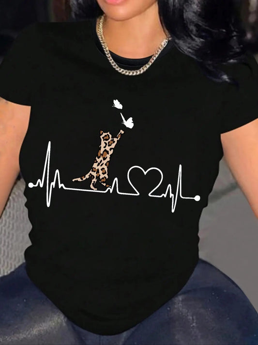 Women's Leopard & Heartbeat Print Round Neck Tee, Fashion Casual Short Sleeve Crew Neck T-shirt for Daily Holiday...
