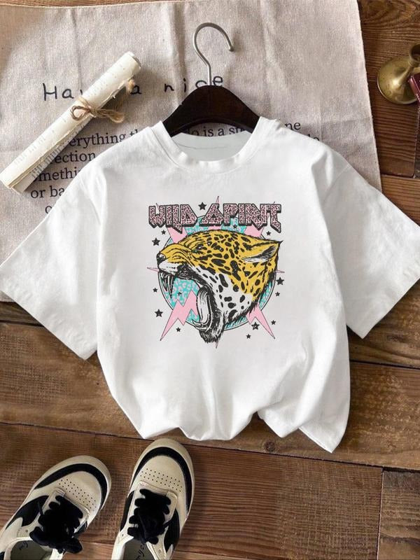 Women's Leopard & Letter Print Round Neck Tee, Fashion Casual Short Sleeve Crew Neck T-shirt for Daily Holiday Vacation...
