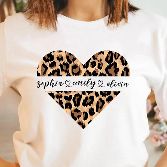 Women's Leopard Heart Print Round Neck Tee, Fashion Casual Crew Neck Short Sleeve T-shirt for Daily Holiday Vacation...