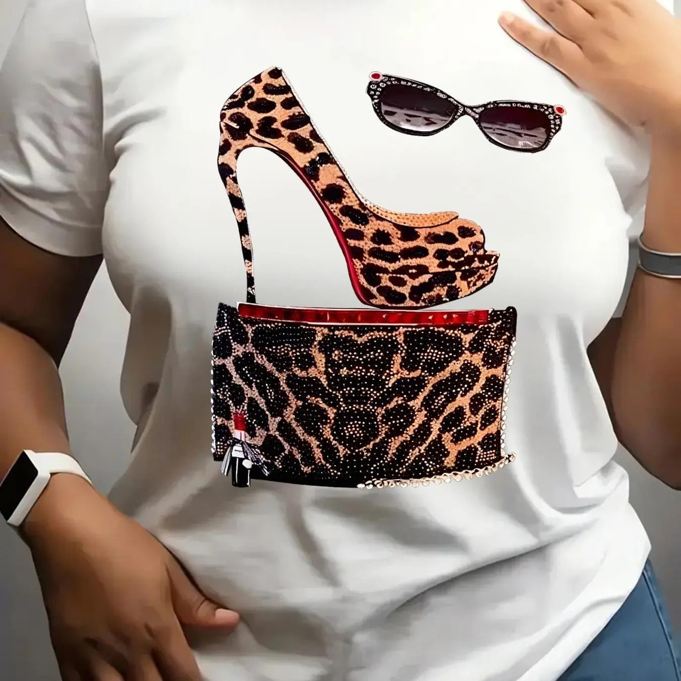 Women's Leopard High Heel Pump Print Round Neck Tee, Fashion Casual Short Sleeve T-shirt for Daily Wear, Ladies Summer...