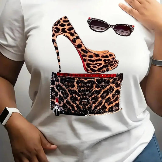 Women's Leopard High Heel Pump Print Round Neck Tee, Fashion Casual Short Sleeve T-shirt for Daily Wear, Ladies Summer...