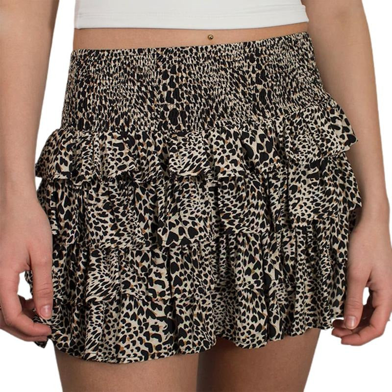 Women's Leopard Print Skirt Elastic High Waist Tiered Ruffled A-Line Short Skirt for Summer Womenswear Bottom T-Shirts,...