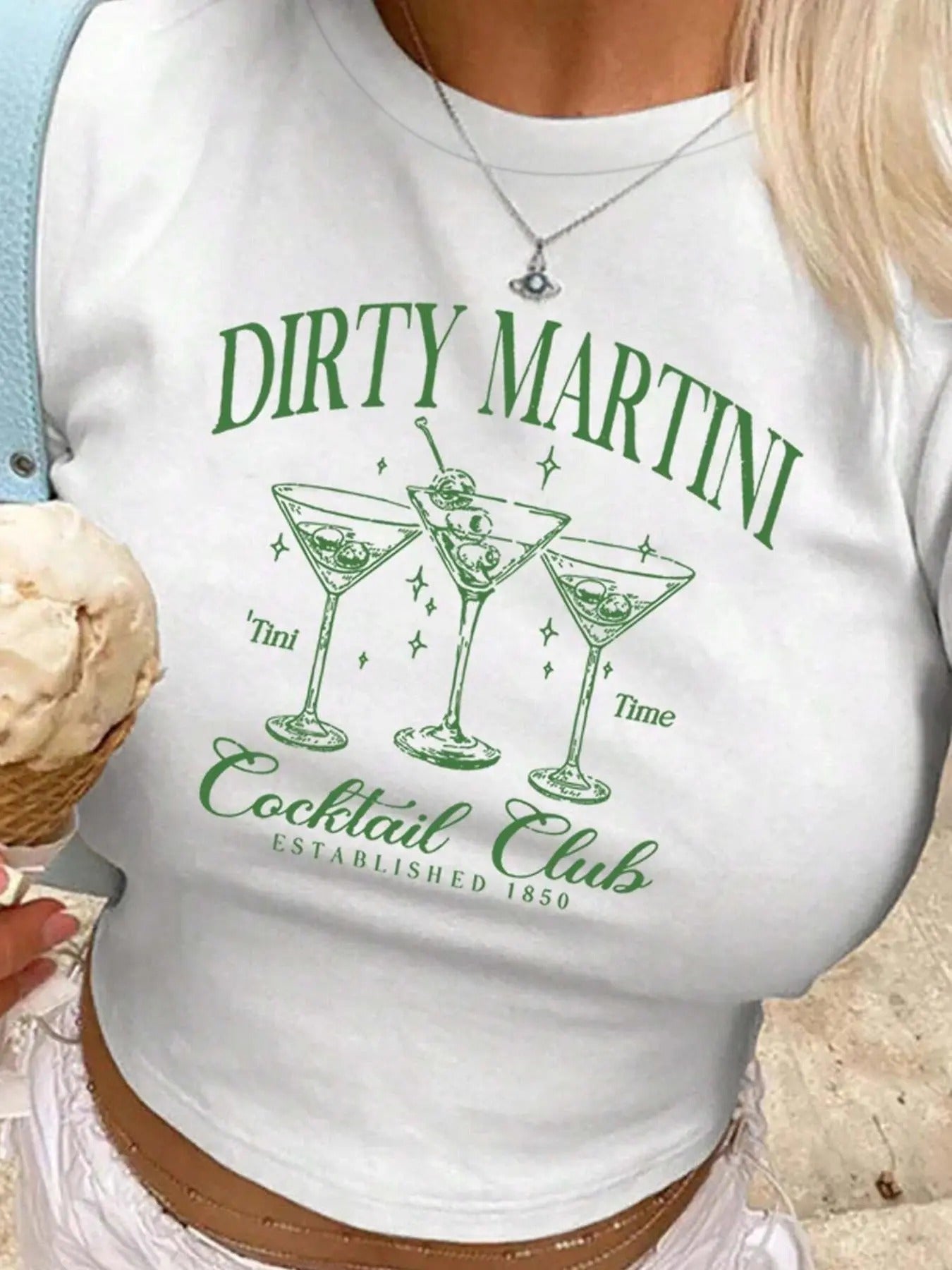 Women's Letter & Cocktail Print Round Neck Crop  Tee, Casual Short Sleeve T-shirt for Daily Wear, Ladies Clothes for All...