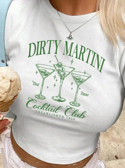 Women's Letter & Cocktail Print Round Neck Crop  Tee, Casual Short Sleeve T-shirt for Daily Wear, Ladies Clothes for All...