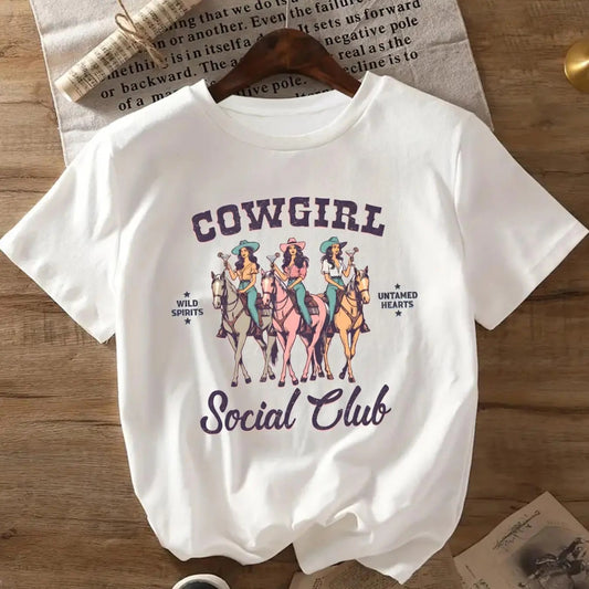 Women's Letter & Cowgirl Print  Round Neck Graphic Tee, Vintage Trendy Casual Short Sleeve T-shirt for Daily Wear, Ladies Summer Outfit