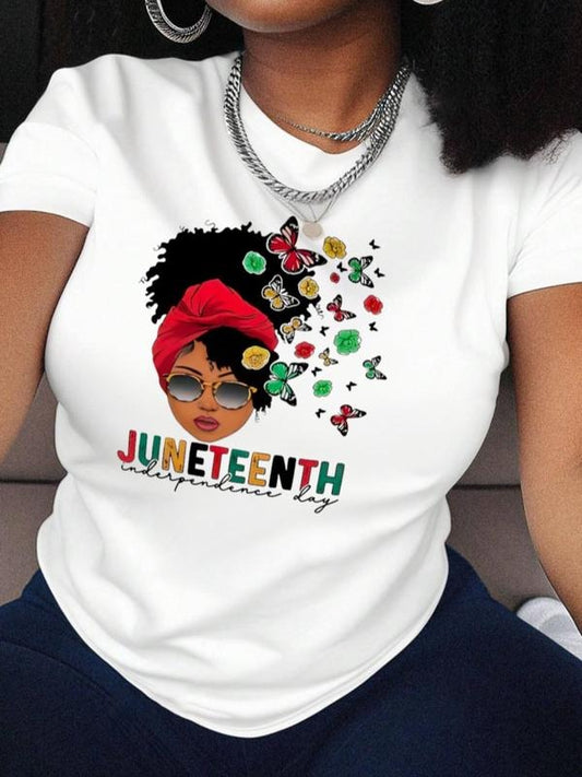 Women's Letter & Figure Print Round Neck Tee, Fashion Casual Short Sleeve Crew Neck T-Shirt for Daily Holiday Vacation...