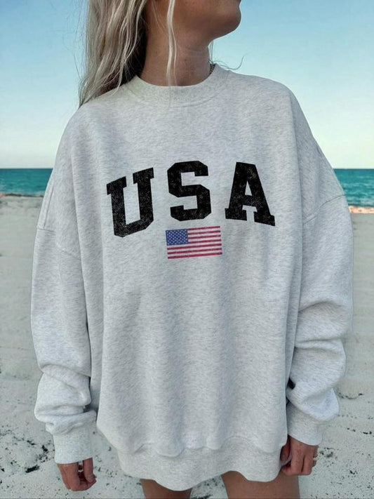 Women's Letter & Flag Print Drop Shoulder Sweatshirt, Casual Long Sleeve Round Neck Pullover for Fall & Winter, Ladies...
