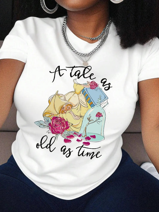 Women's Letter & Floral Print Round Neck Graphic Tee, Casual Short Sleeve T-shirt for Summer, Women Clothes for Daily Wear