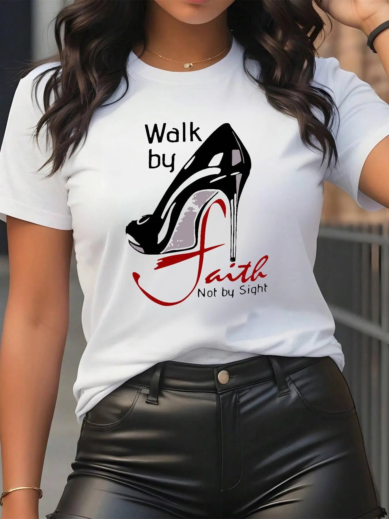 Women's Letter & High Heel Round Neck Graphic Tee, Fashion Casual Short Sleeve T-Shirt for Daily Wear, Ladies Summer Clothes