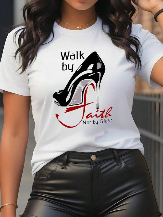 Women's Letter & High Heel Round Neck Graphic Tee, Fashion Casual Short Sleeve T-Shirt for Daily Wear, Ladies Summer Clothes